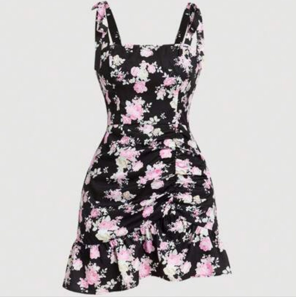 Black and Pink Floral Dress All Over Floral Print Ruched Dress Gothic Whimsigoth